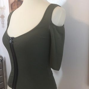 XS Bebe Olive Green Open Shoulder Zip Up Shirt 3/4